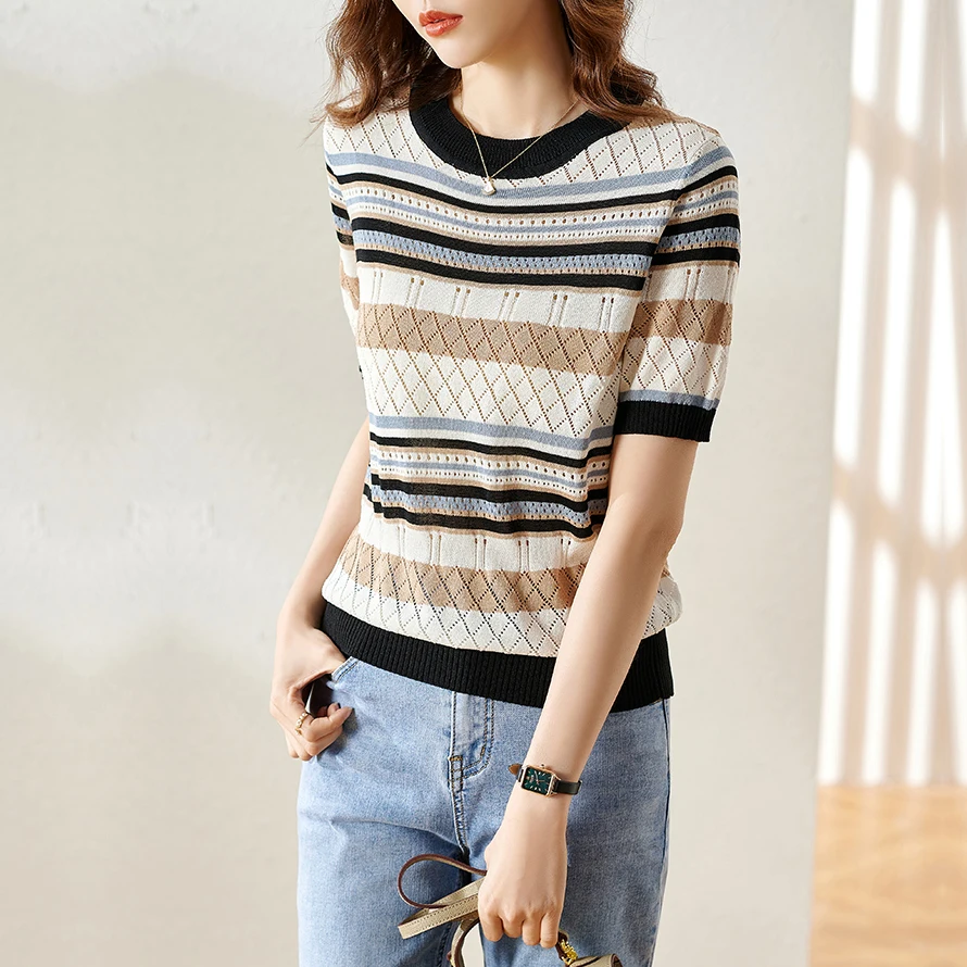 

GGRIGHT Striped Knit Short Sleeve T Shirt Women Clothes Casual Camiseta Mujer Woman Tshirts O-Neck Haut Femme Dames Kleding