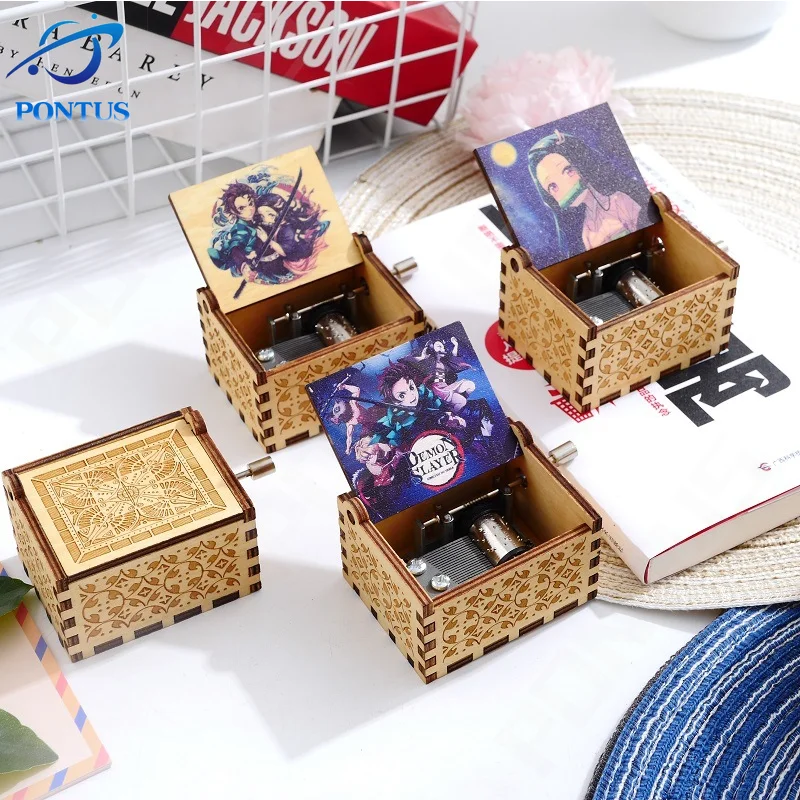 Wooden Music Box Hand Crank Classic Anime Demon Slayer Tanjiro Kamado Nezuko Inosuke Zenitsu Song Birthday Gift for Boyfriend