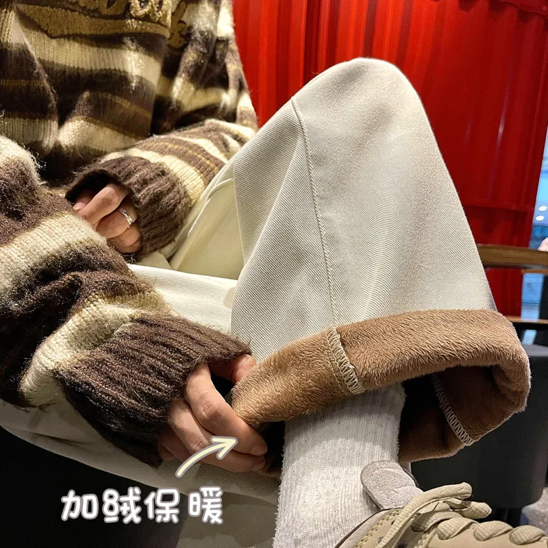 Winter Plush Thick Jeans Men Warm Fashion 4-color Straight Jeans Men Streetwear Korean Loose Thicken Denim Pants Mens Trousers