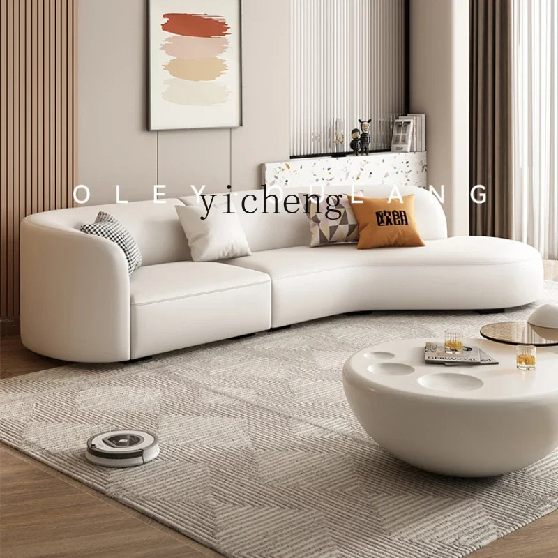 Кожаный диван XL для гостиной комнаты изогнутый в форме Луны кремовый светлый