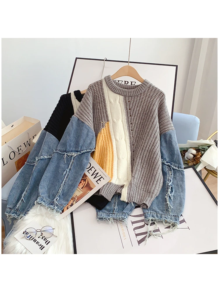 

2022 Long Sleeve Denim Knit Sweater Women's Autumn Winter Harajuku Blouse Patchwork Crew Neck Edge Pullover Sweater Top Female