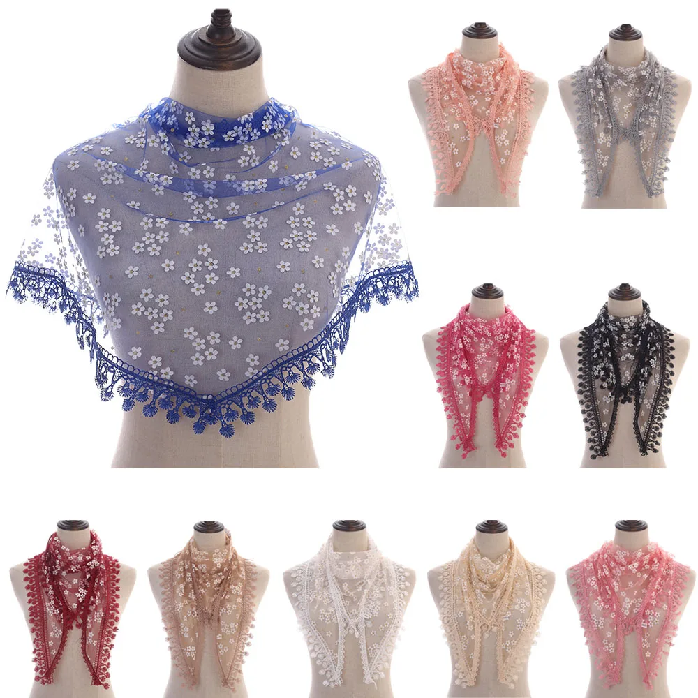 

2022 Plain Lace Floral Triangle Shawl Veil Tassel Embroidery Scarves Spain New Fashion Sheer Turban Church Mantilla Wrap Hijab