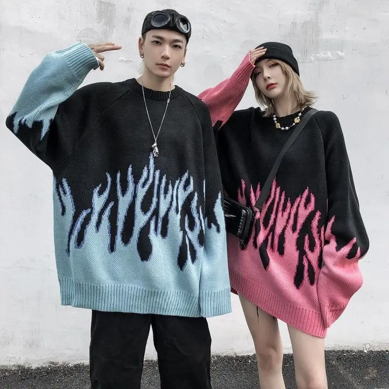 Lazy Casual Couple Unisex Sweater Mid Length Blue Flame Sweaters Women Autumn 2022 Pull Streetwear Gothic Men Knitwear