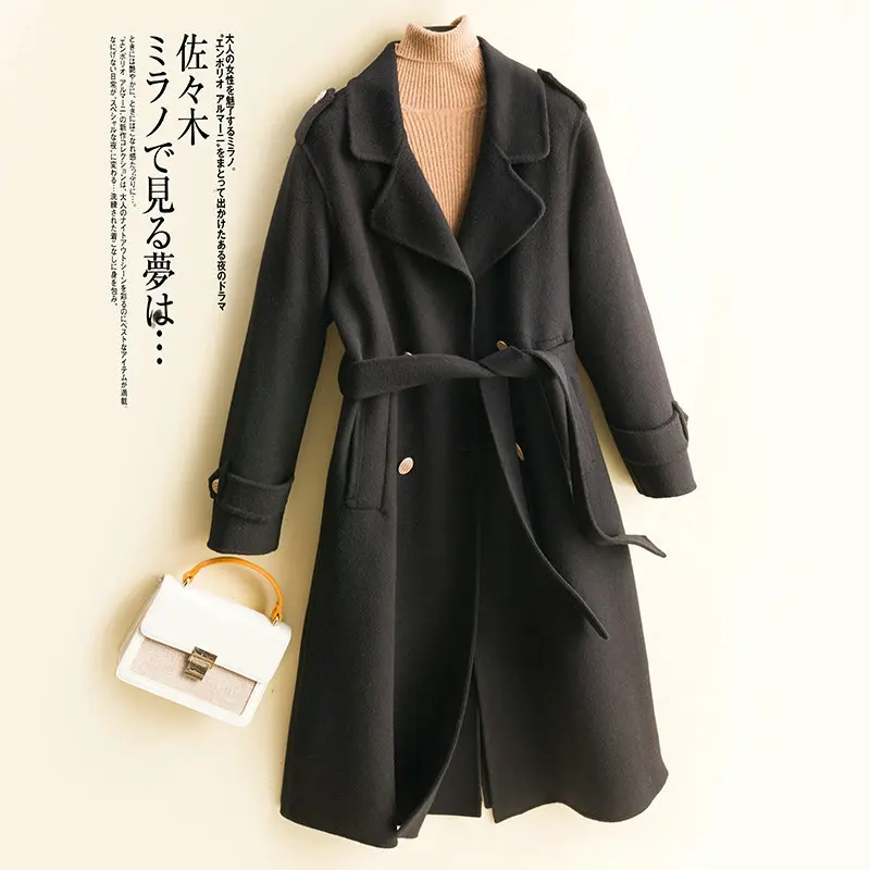 

Autumn/Winter New Double sided Cashmere Coat Women's Shoulder Badge Style Suit Collar Coat Medium Length Woolen Coat