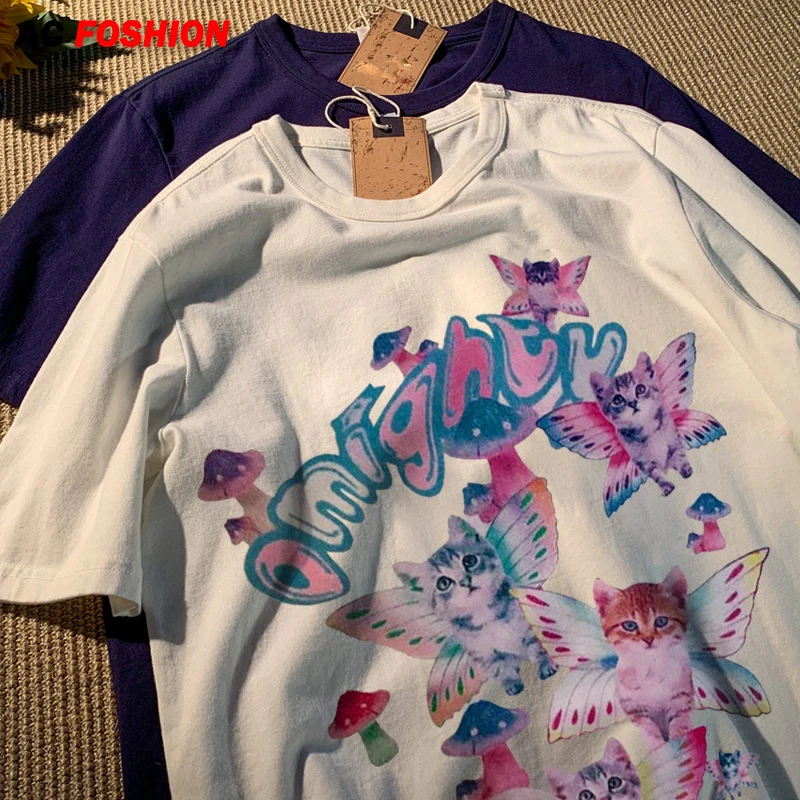 

Harajuku T-shirt Butterfly Mushroom Cat Print Short Sleeve Top Y2K Oversized Tshirt Casual Street Vintage Tshirt Punk Clothes