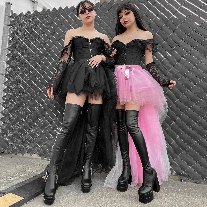 

Womens Goth Fairycore Grunge Mesh Layered Tulle Skirt Puff Lace Overlay Long Skirt Night Out Party Cocktail Outfits