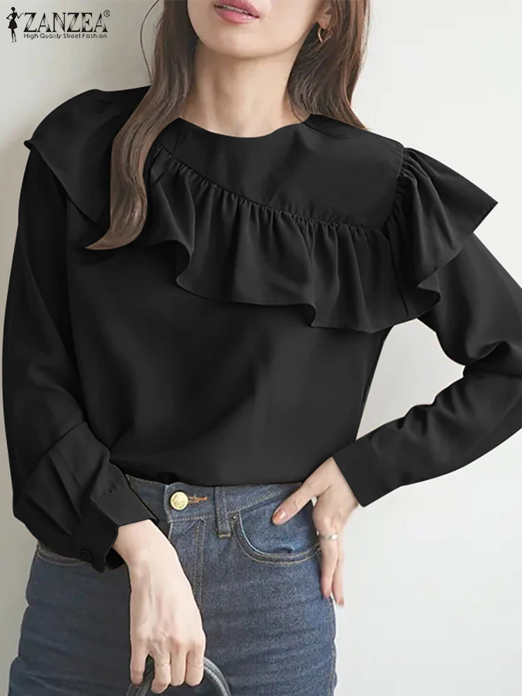 

Spring Long Sleeve Blouse Oversize Tunic Blusas ZANZEA Women Puff Sleeve Ruffles Blouses Fashion Solid Looe OL Shirt Mujer Femme