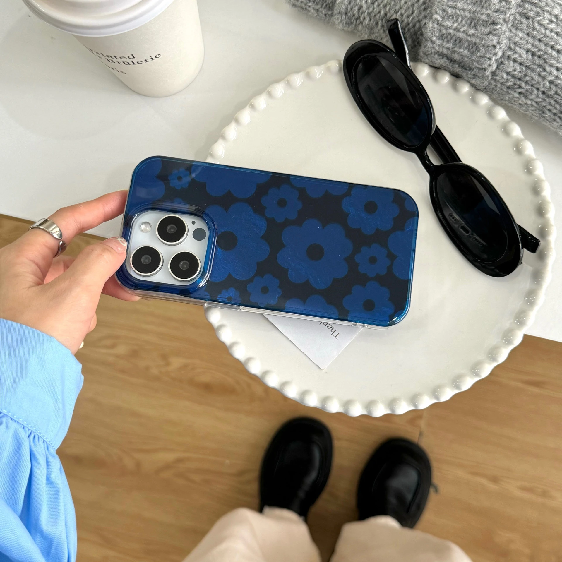 Новый модный чехол для телефона с синим и черным цветком iPhone 16 16pro 16promax 15 15pro 15promax 14