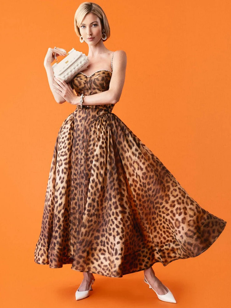 VC длинное платье с леопардовым принтом на бретельках высокой талией без рукавов
