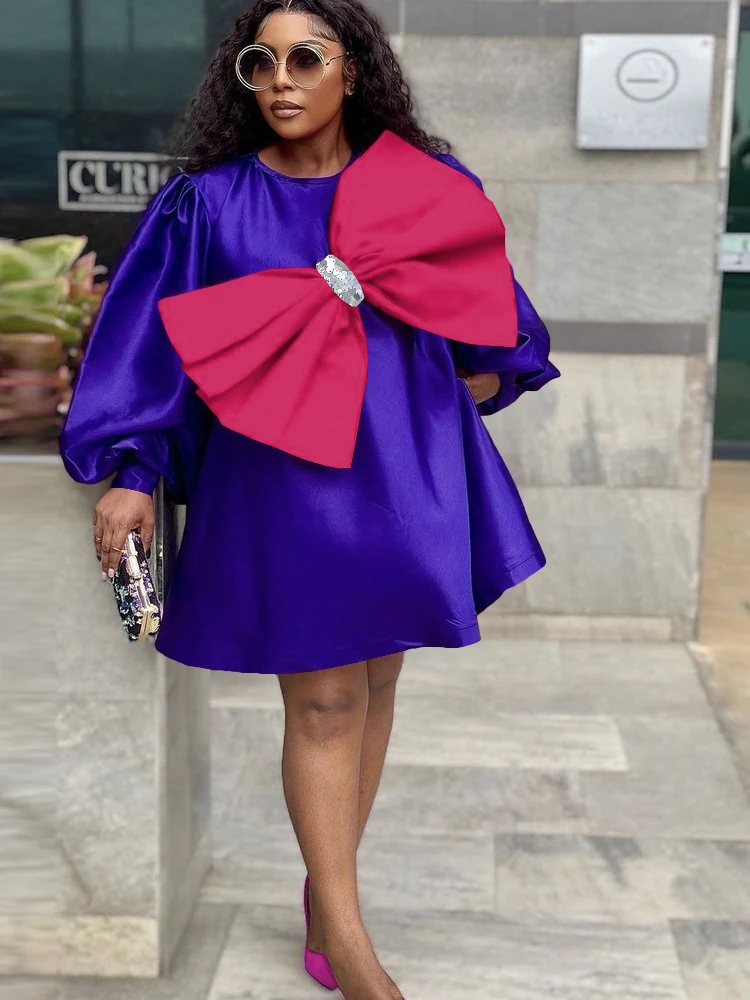 

Elegant Women Shiny Puffy Oversized Dress Pink Big Bow Long Sleeve Knee Length Purple Gowns Sweetheart Party Club Dresses Short