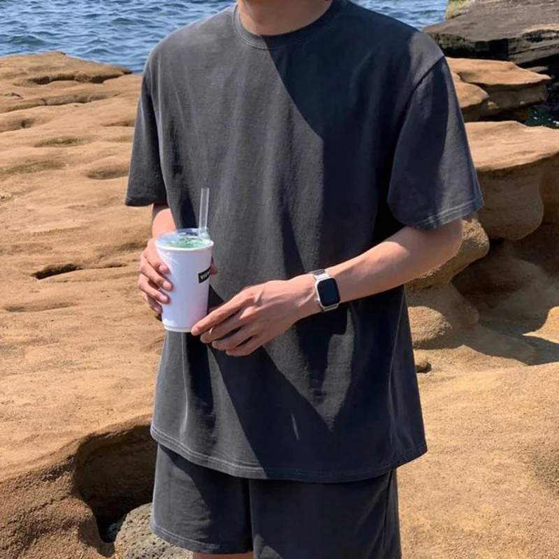 

SYUHGFA American High Street Washed Short Sleeve Dark T-shirt Men's Summer Sports Casual Tee Male Fashion Versatile Tops New