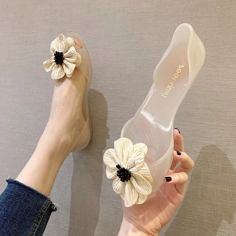 Ballet Flats Women Low Price Shoes With Flower PVC Jelly Sandals Summer 2023 Elegant Fashion Free Shipping Beach Ladies Slippers