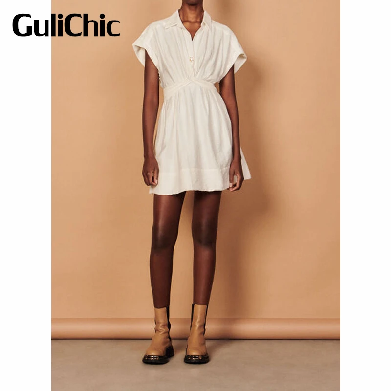 

6.17 GuliChic Women Fashion Turn Down Collar Short Sleeve Criss-Cross Design Collect Waist Mini Dress