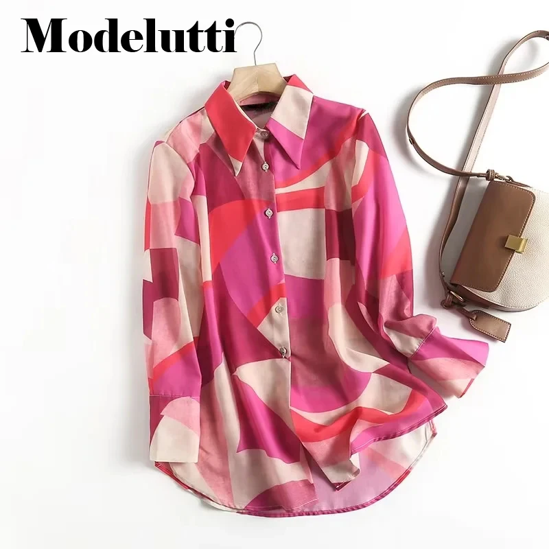 

Modelutti 2023 New Spring Autumn Fashion Long Sleeve Geometric Patterns Shirt Women Loose Blouses Simple Casual Tops Female