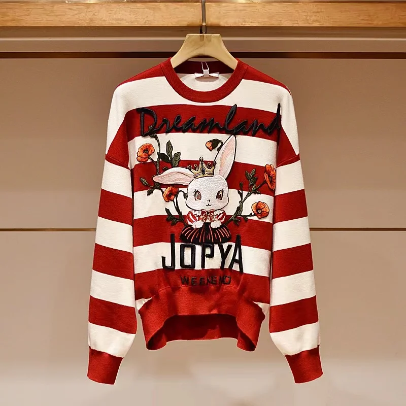 

Rabbit Embroidery Striped Sweater Women Clothes Spring 2023 New O-Neck Long Sleeve Knitwear Tops Jumpers Pull Femme Sueter Mujer
