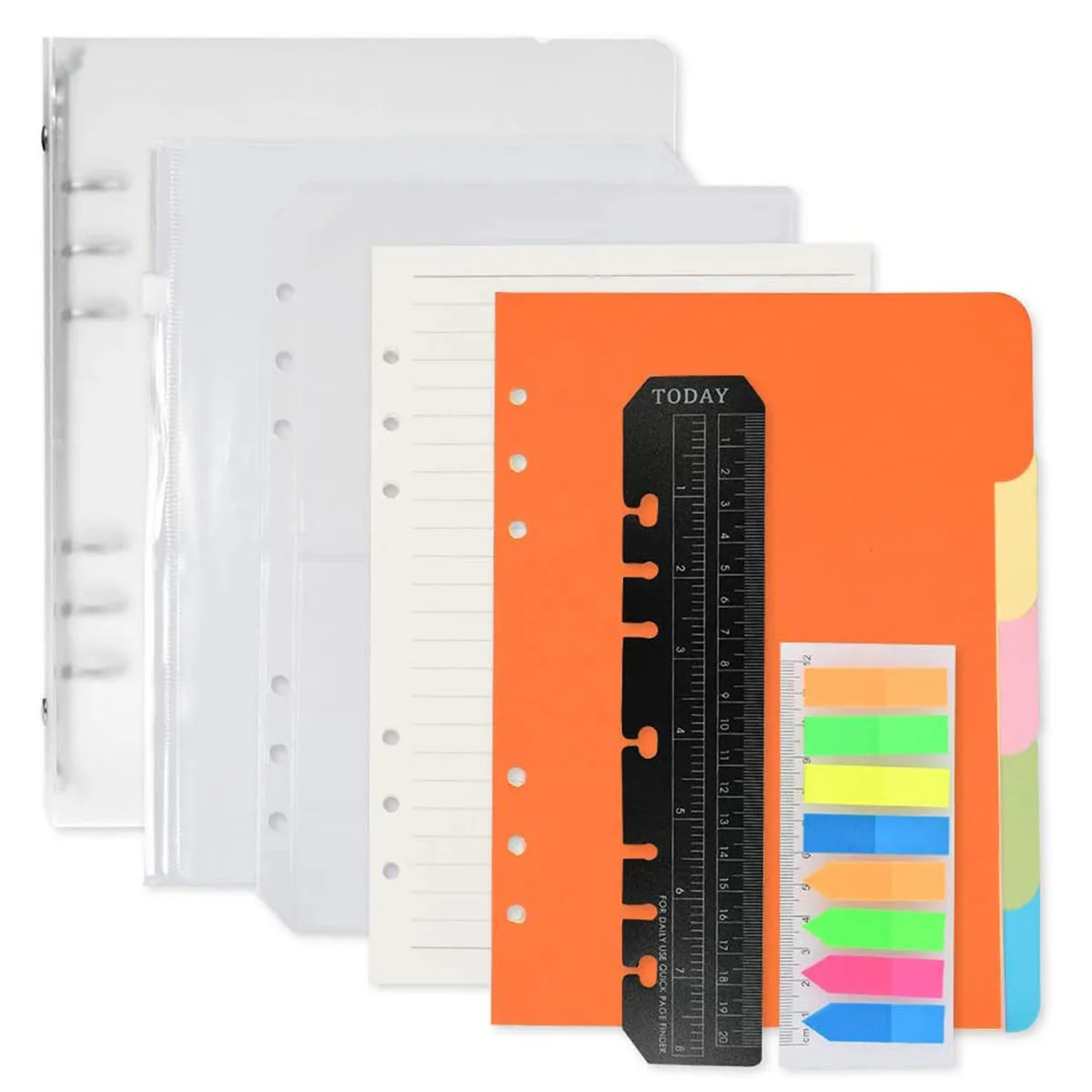 

A5 6-Hole Refillable Notebook Accessories Set with A5 Refill Papers Lined + 25 Note Tabs + 5 dividers + 1 A5 Cover ,1 Zipper Bag