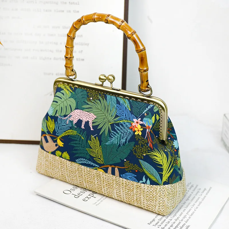 

Luxury Women Bags Metal Frame Bag Classical Chinese Style Cheongsam Embroidered Bamboo Handbags Tropical forest, landscape paint