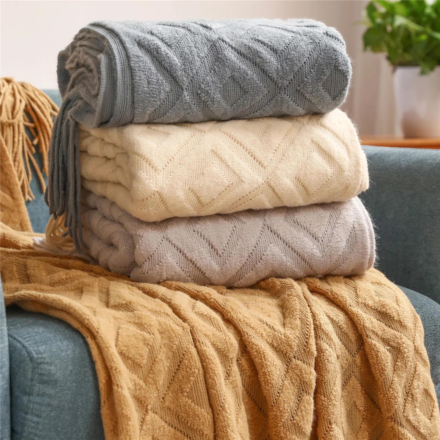 S Throw Green Cream Color Sofa Throw Cozy Chunky Nordic Blanket Farmhouse Home Decoration