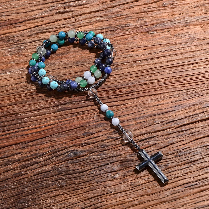 8mm Natural Stone Bead Hematite Cross Pendant For Men Women Catholic Christ Rosary Necklace Dropshipping |