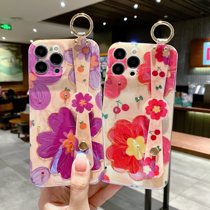 

Luxury Oil Painting Flowers Wrist Strap Stand Phone Case for Iphone 14 13 12 11 Pro Max X XS Max XR 7 8 Plus SE 2 Soft Cover