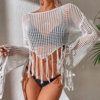 womens sexy bikini cover ups tops 2022 new summer see through hollow out beachwear flared long sleeve tassel smock crop tops