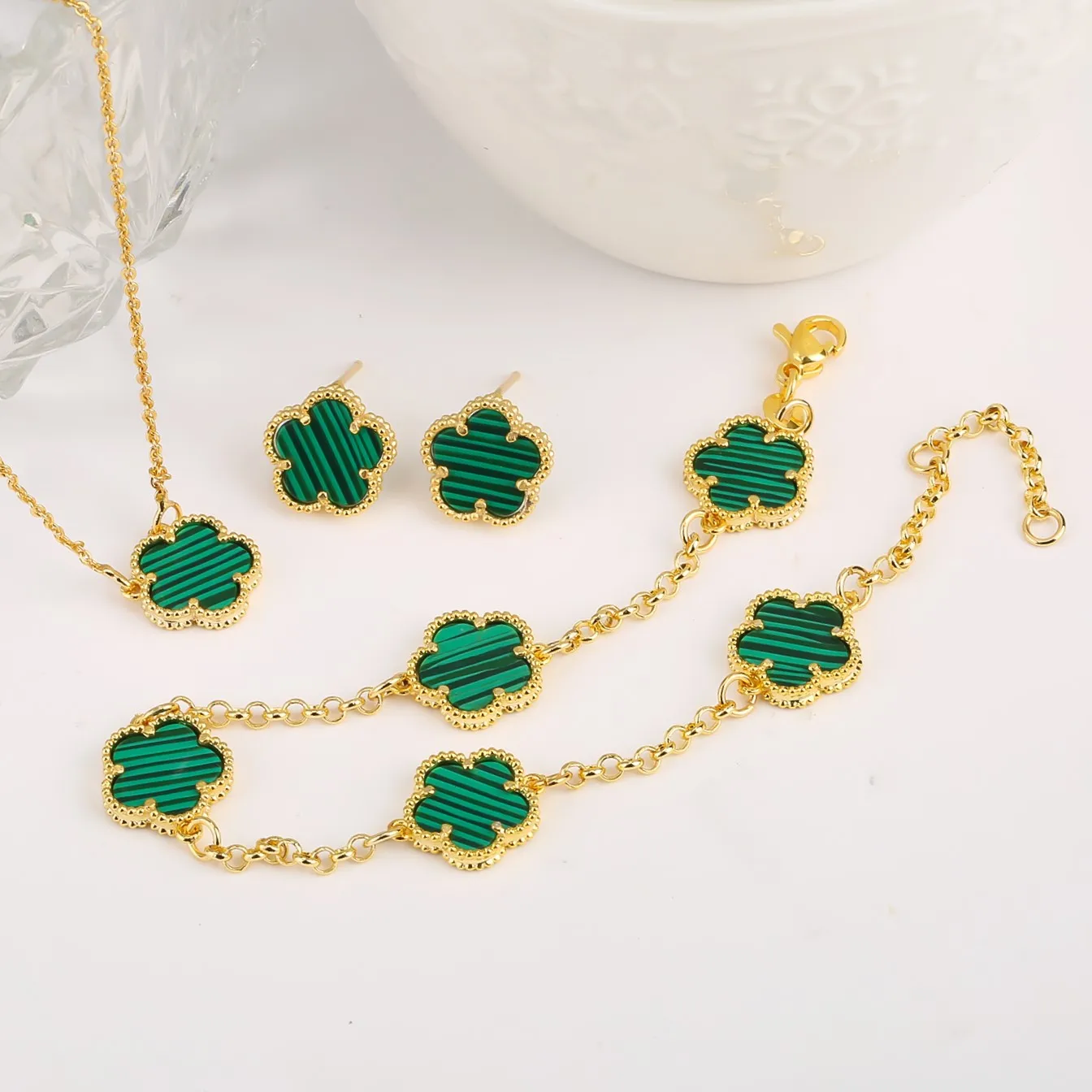 

3pcs/Set Luxury Natural Gem Four-leaf Clover Necklace Ear Stud Bracelet Classic 9color Stone High Quality Jewelry Gift Free Mail