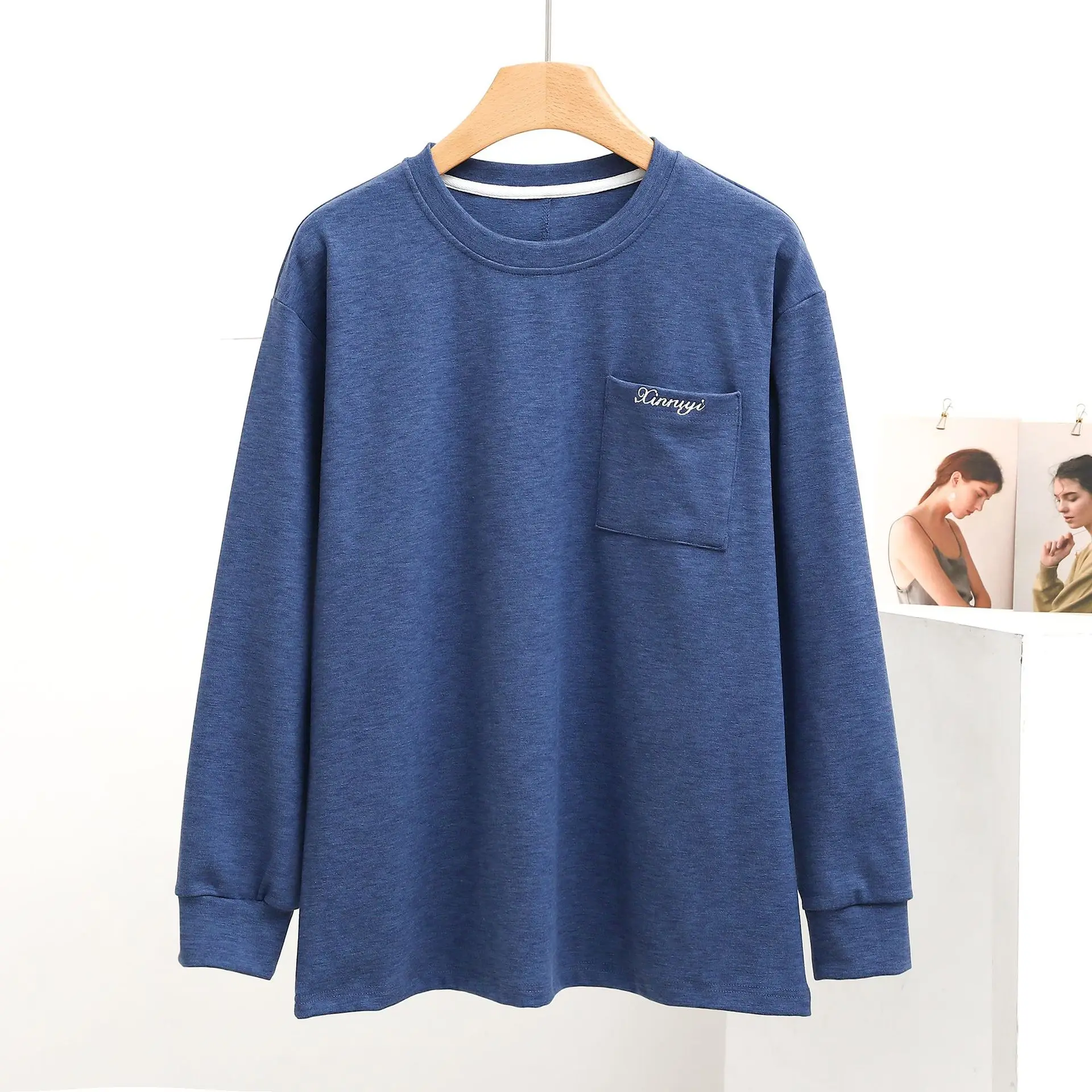 Women Loungewear Sweatshirt Pajamas Autumn Symphony Flat Velvet Round Neck Long Sleeve Pocket Fashion Thick One Piece Casual Top