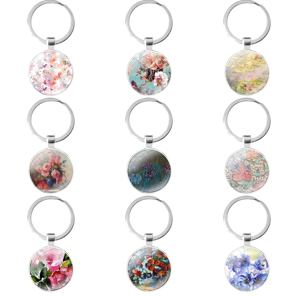 

glass cabochon keychain Car key chain Charms keychains Gifts Fashion Creative Design Cartoon oil painting flowers