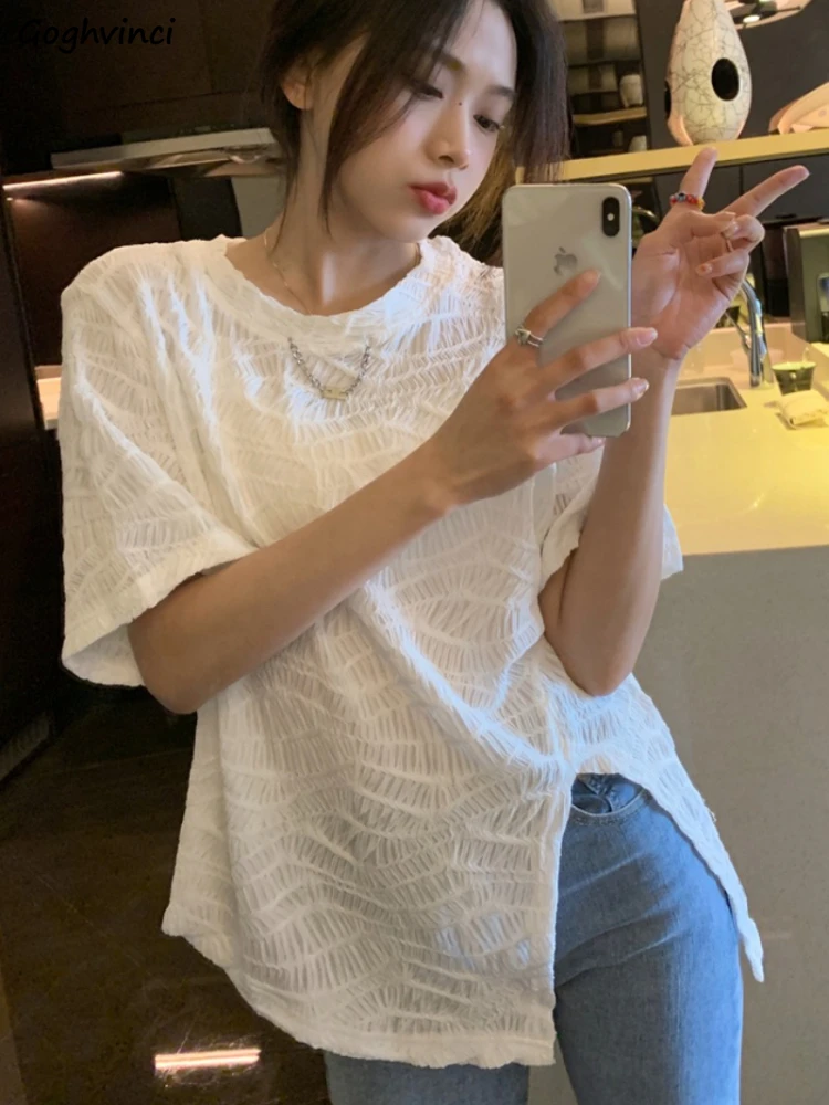 

Футболка Ulzzang женская с коротким рукавом, однотонная модная уличная одежда в стиле хип-хоп, свободная повседневная Уличная одежда с Боковым ...