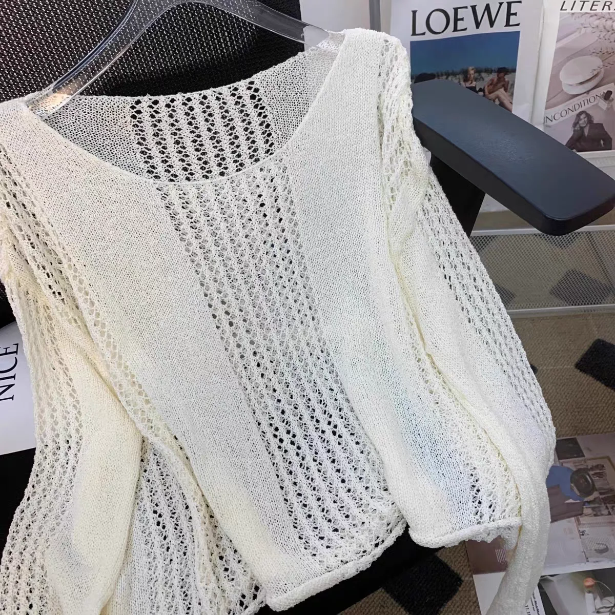 Фото Французские элегантные свободные вязаные топы с вырезами, женские летние пуловеры большого размера с длинными рукавами, тонкие красивые прозрачные повседневные шикарные уличные одежды №5