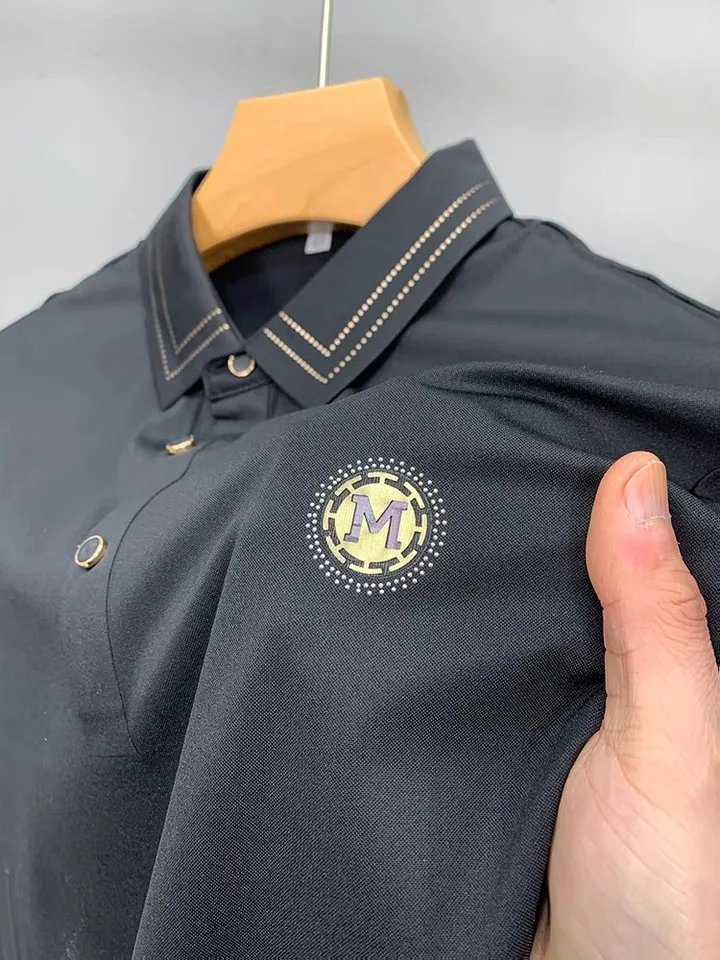 

High grade ice silk short sleeve t-shirt men's Lapel embroidered business polo shirt men's breathable smooth half sleeve summer