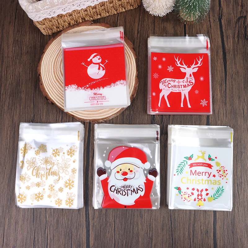 

100Pcs Merry Xmas Candy Bags Green Santa Claus Snowflake Cookie Biscuit Cookie Plastic Bags For Diy Christmas Party Supplies