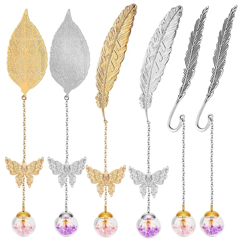 

6 Pieces Metal Feather Bookmark Metal Leaf Bookmark With Book Clip Pendant 3D Butterfly Pendants, With Beads Pendant