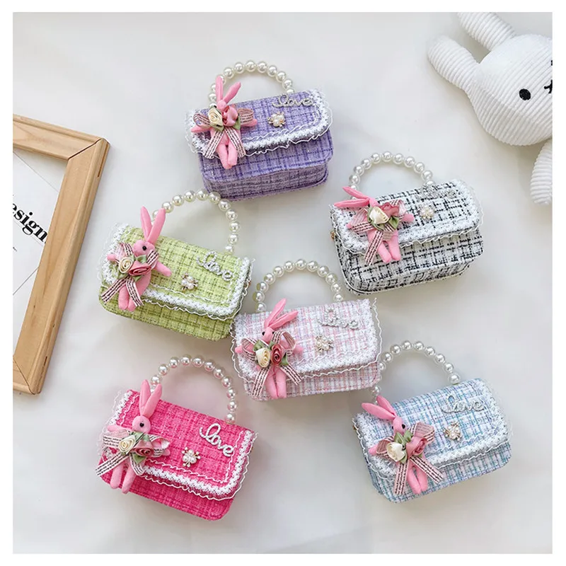 Girl Crossbody Bag Princess Pearl Handbag Cartoon Cute Rabbit Chain Shoulder Messenger Bag Children's Accessories Coin Pouch
