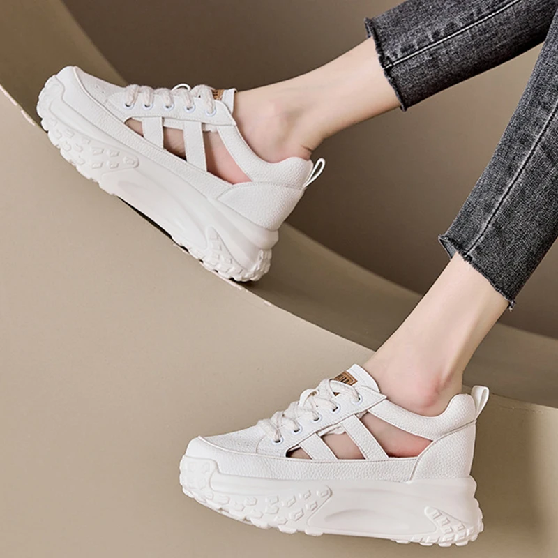 2023 Fashion Genuine Leather Hollow Comfy High Brand Breathable Shoes Chunky Sneaker Spring Summer Platform Women Wedge Shoes