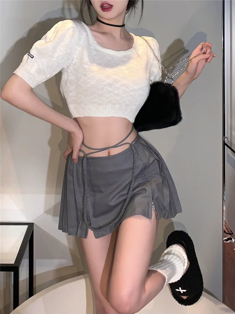 

Y2K Skirt Women Summer High Waist Lace-up Double Zippers Harajuku Pleated Mini Skirts Cute Shorts Skirt