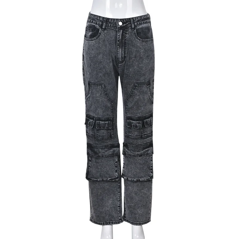Straight Pants Denim Women's Multi-pocket Elastic Waistband Washed Hollow