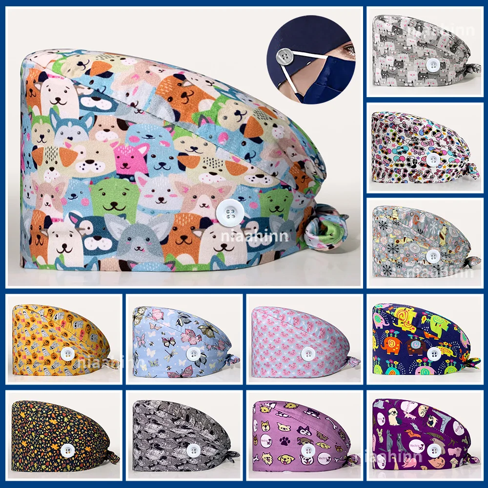 

Cute Animal Printed Women Scrubs Caps Pet Hospital Work Hats Dentistry Scrubs Cap Breathable Lab Scrub Hat Nursing Hat Wholesale