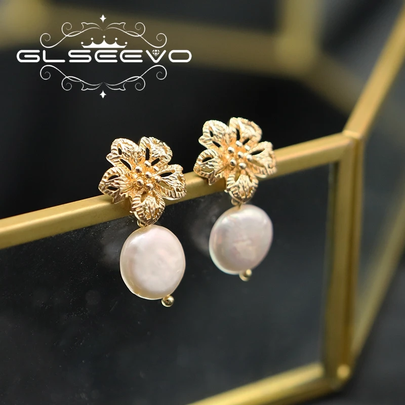 Модные полые металлические цветы GLSEEVO барокко жемчуг женские серьги-подвески