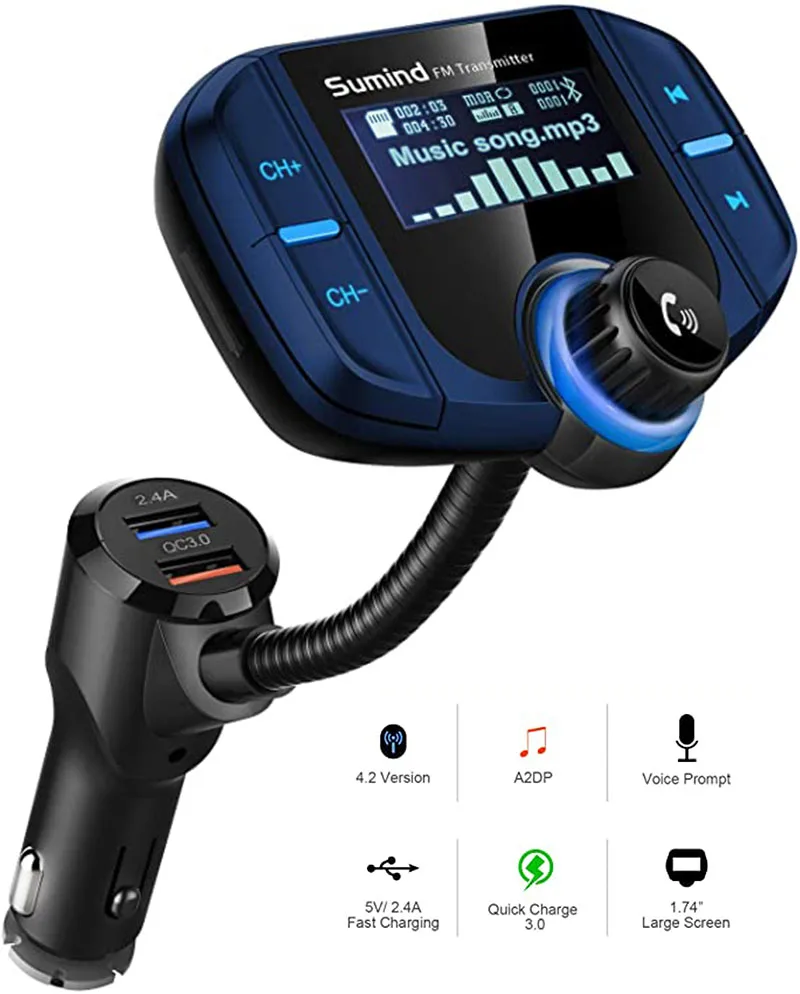 Car Bluetooth 5.0 FM Transmitter Wireless Radio Adapter 1.7 Inch Display 2.4A USB Ports AUX Output Mp3 Player Car Accessories