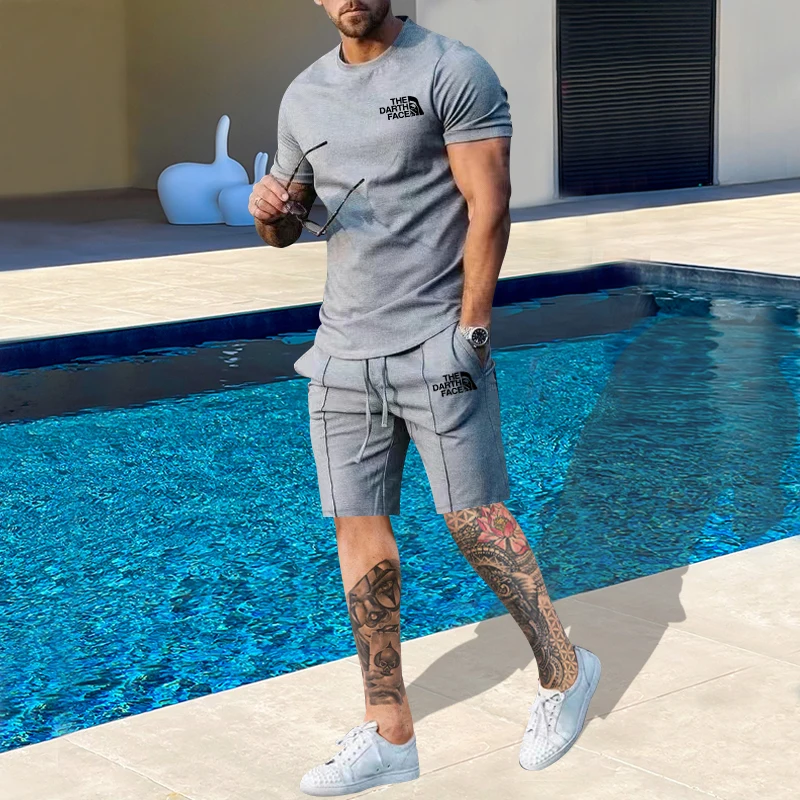 

NEW Men Summer Round Neck Short-sleeved T-shirt Shorts Casual Suit Men's Trendy Fashion Sports High-qualityTwo-piece Upscale Set