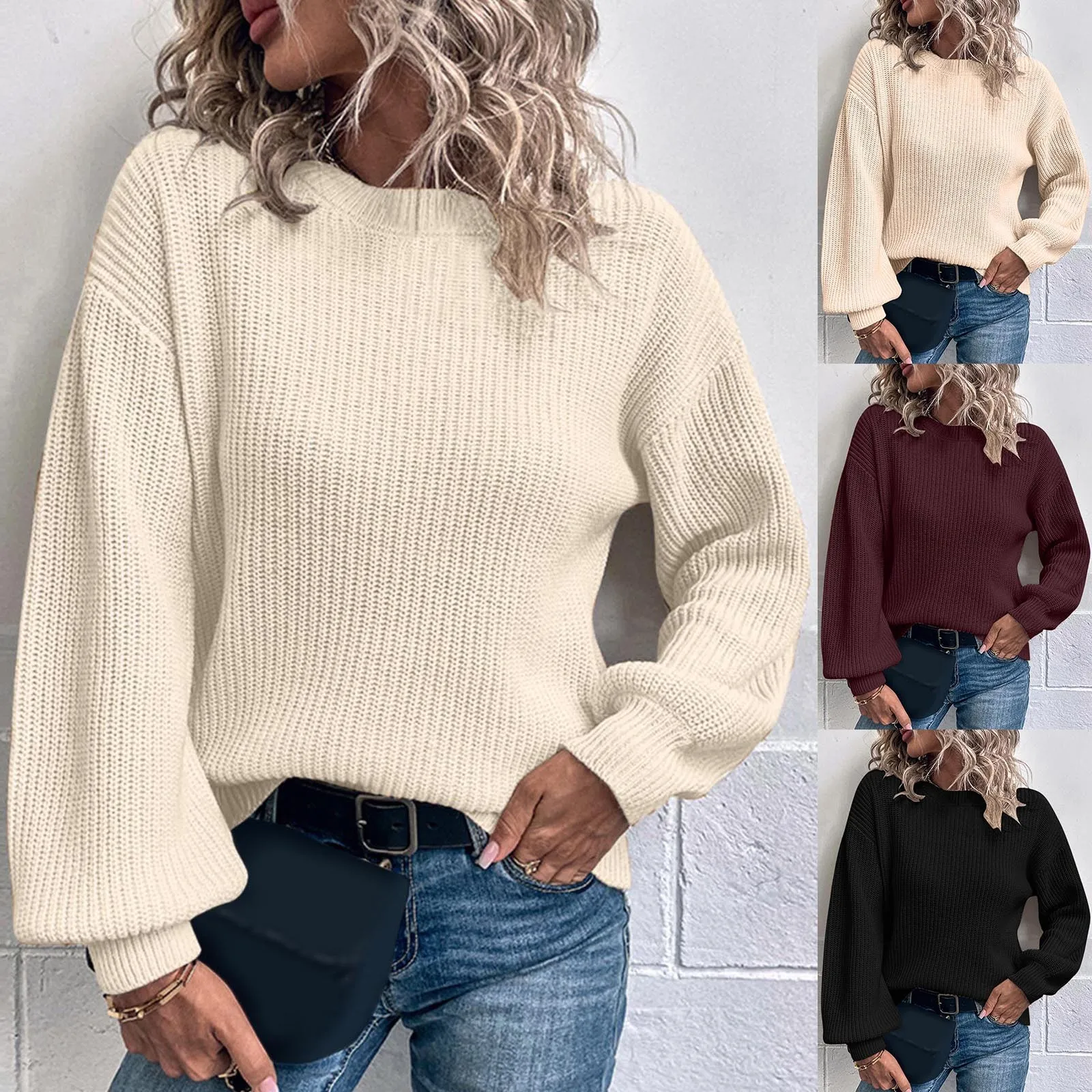 

Woman Fashion Round Neck Long Sleeve Pullover Puff Sleeve Sweater Top Warm Mens Cardigan Sweater