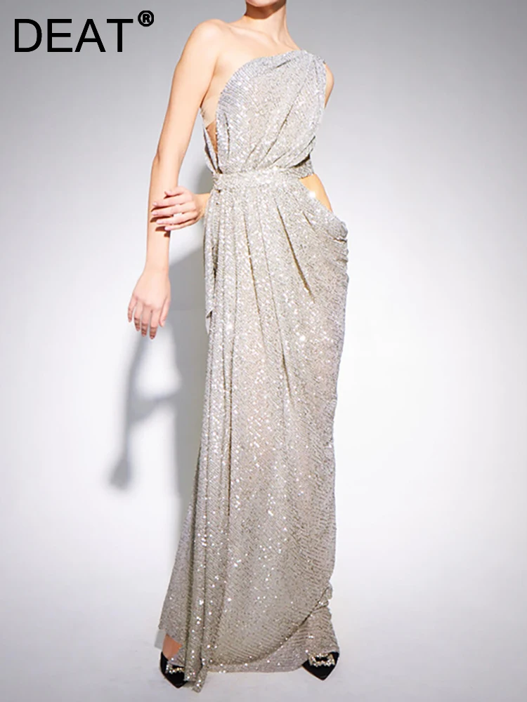 

DEAT Women's Evening Dress Diagonal Collar Sleeveless Sequins Backless Split Fashion Female Dresses Summer 2023 New 13DB1625