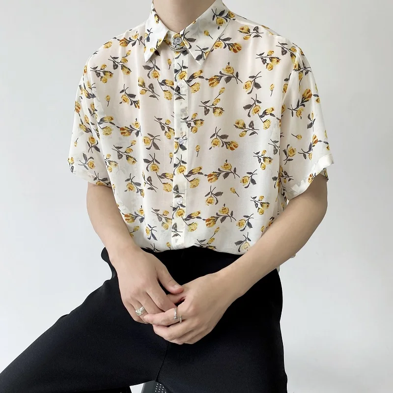 2022 Summer Floral Print Shirt for Men Short Sleeve Loose Casual Shirt Oversized Streetwear Harajuku Hip Hop Shirts Men Clothing