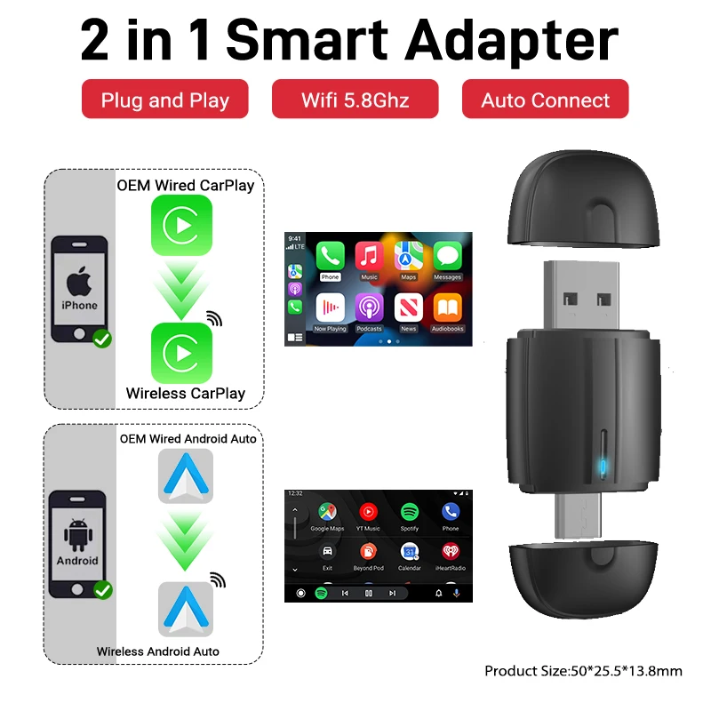 

2025 Новый проводный к беспроводному адаптеру CarPlay 2 в 1 Smart Adapter Android Auto Mini Box Plug and Play Автоматическое подключение Wi-Fi BT5.0 Универсальный