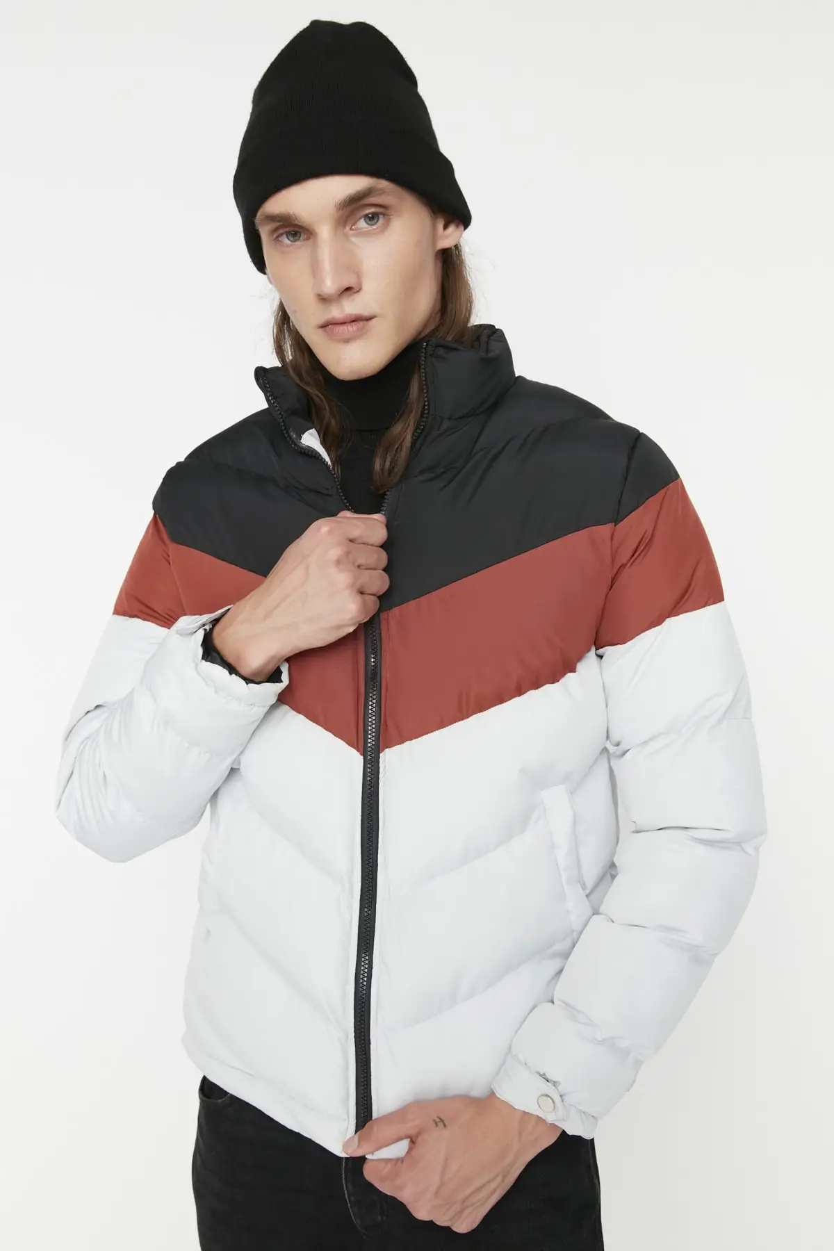 Black Men's Stand Collar Color Block Windproof Jacket TMNAW22MO0166