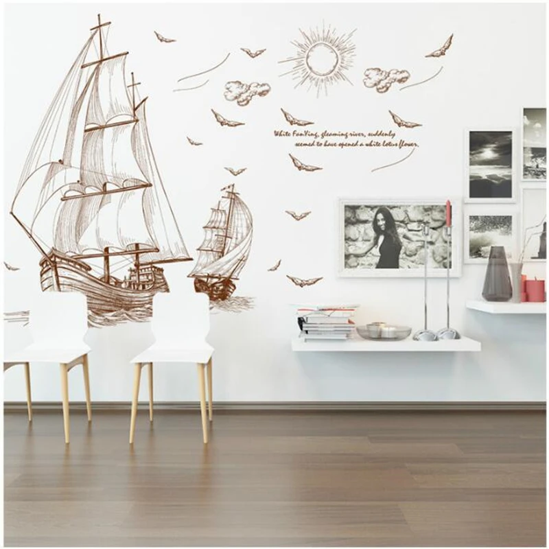 

New Sailboat Sun Cloud Sea Bird Wall Stickers Living Room Bedroom TV Background Wall Decorative Painting Flat Decoration Poster