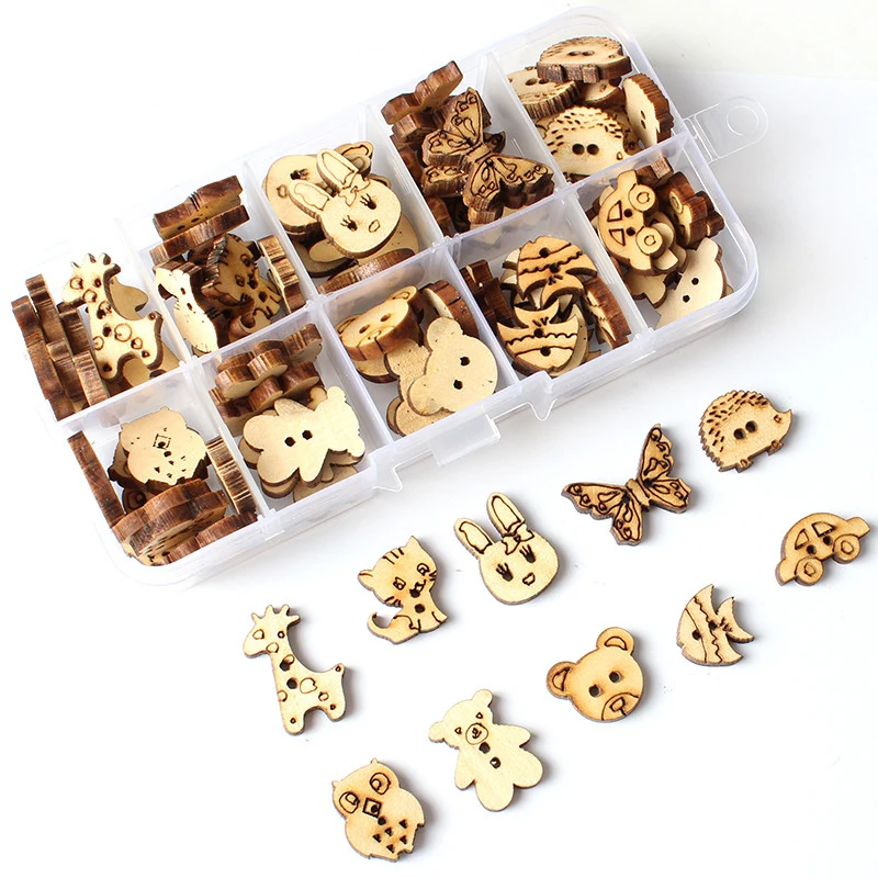 

Boxed 100 pcs Wooden Button Log Color DIY Handmade Decoration Cute Cartoon Small Button Baby Children's Clothing Buckle