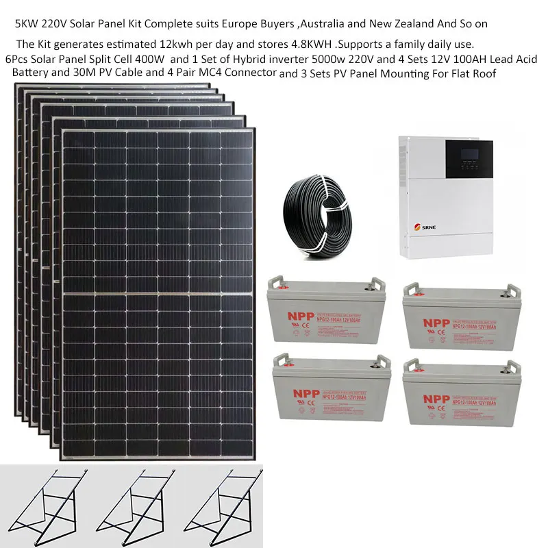 

Solar Panel Kit Complete 5000W 220v 110V PV Module 400w Hybrid Inverter MPPT Battery Off Grid System 4HP Home Solar Energy Farm