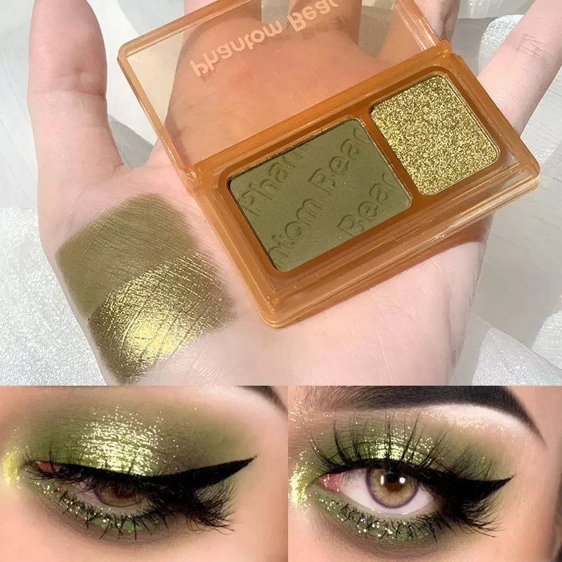 

2 Colors Eye Shadow Palette Matte Glitter Green Eyeshadow Neon Nude Red Eye Shadow Pigments Shadow Professional Makeup Palette